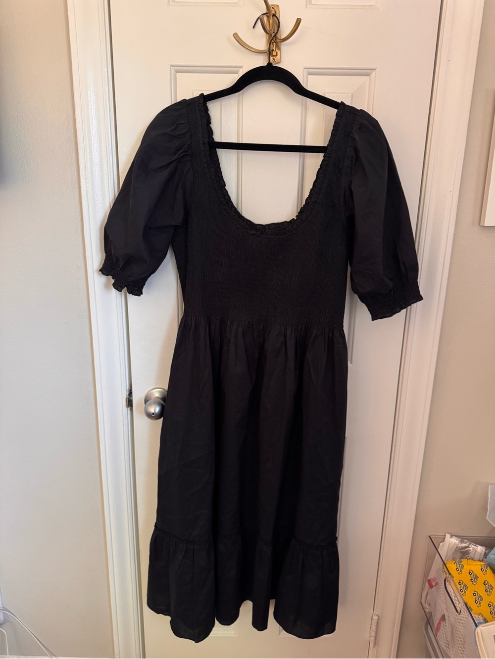 Hill House Louisa Black Puff-Sleeve Smocked Midi Dress